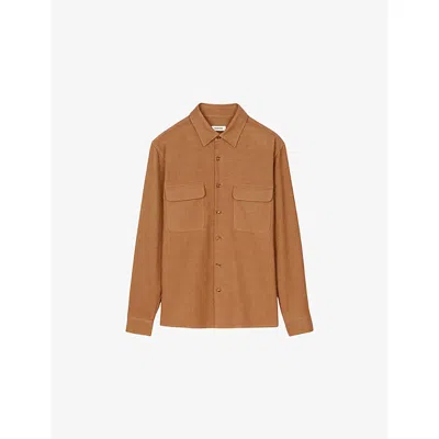 Sandro Mens Camel Flap-pocket Flannel Cotton Shirt In Brown