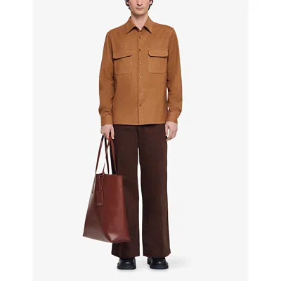 Sandro Mens Camel Flap-pocket Flannel Cotton Shirt In Brown