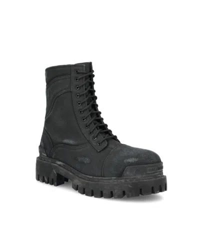 Balenciaga Slate Canvas Combat Strike Ankle Boots In Black