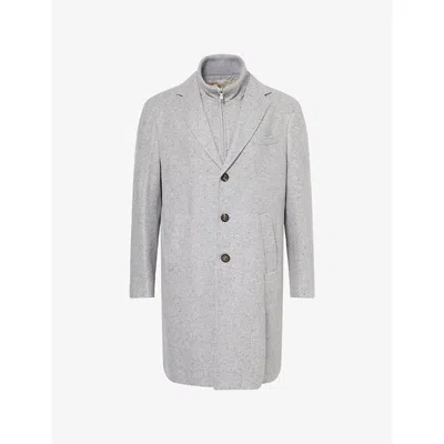 Eleventy Mens Light Melange Gray Bib Notched-collar Cashmere-silk Blend Overcoat In Gray