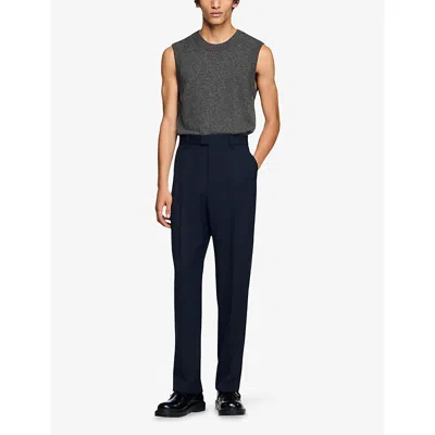 Sandro Mens Navy Blue Regular-fit Wide-leg Wool Trousers In Blue