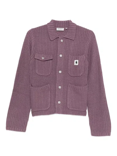 Carhartt Chunky Knit Cardigan With Four Pockets And Button Closure In Purple