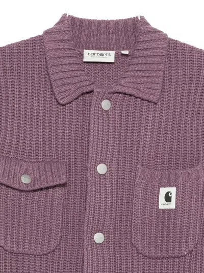 Carhartt Chunky Knit Cardigan With Four Pockets And Button Closure In Purple