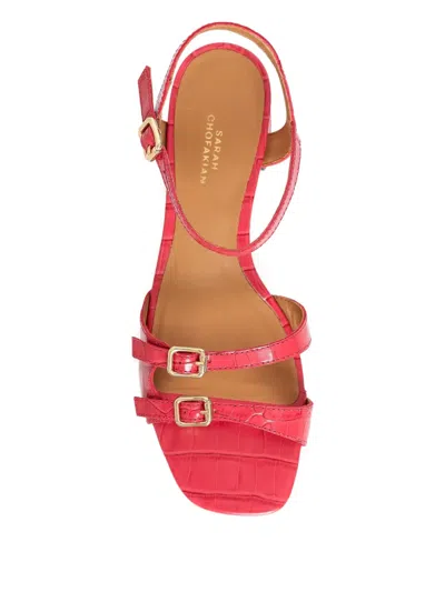 Sarah Chofakian 25mm Buckle Embossed French Press Sandals In Red