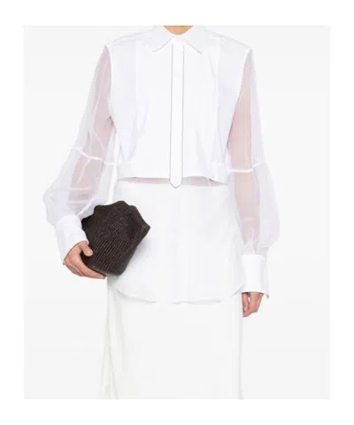 Brunello Cucinelli Longline Top With Sheer Sleeves And Curved Hem In White