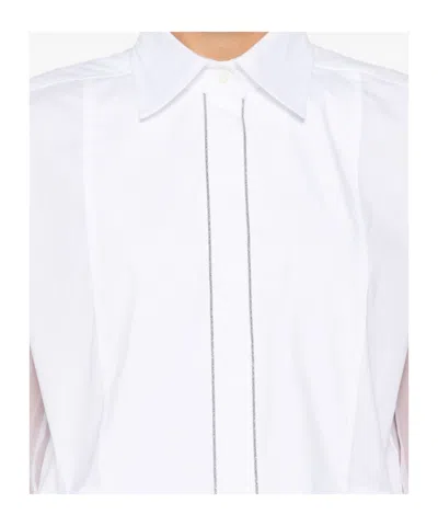Brunello Cucinelli Longline Top With Sheer Sleeves And Curved Hem In White