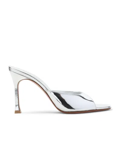 Amina Muaddi Alexa 95 Metallic Leather Mules In Silver