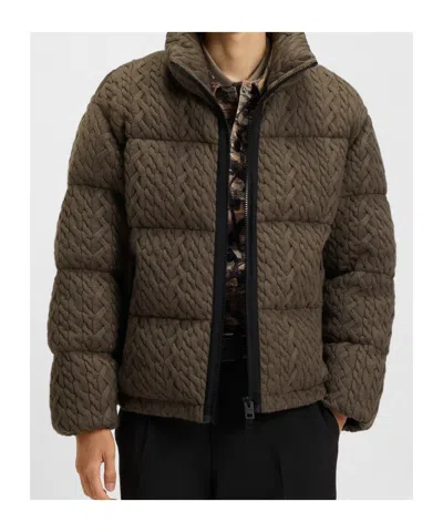 Hugo Boss Puffer Jacket With Cable-knit Structure In Brown