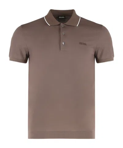 Zegna Slim Fit Cotton Polo With Short Sleeves In Brown