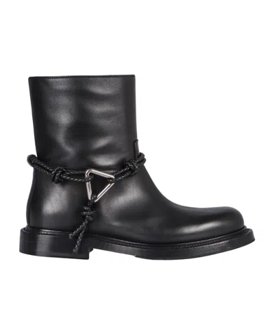 Bottega Veneta Women Black Ankle Boots With Metallic Detail On The Side And Applied Laces In Leather In Animal Print