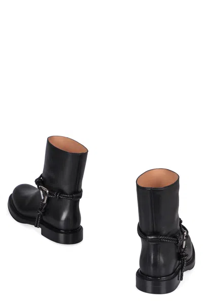 Bottega Veneta Women Black Ankle Boots With Metallic Detail On The Side And Applied Laces In Leather In Animal Print