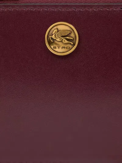 Etro Leather Card Holder With Pegaso Button In Burgundy
