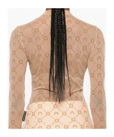 Marine Serre Signature Moon Pattern High-neck Long Sleeve Top In Brown