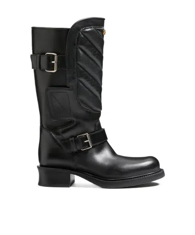 Valentino Garavani Rayons Biker Boot In Calfskin And Nappa Leather With Chevron Pattern 40mm Woman B In Black