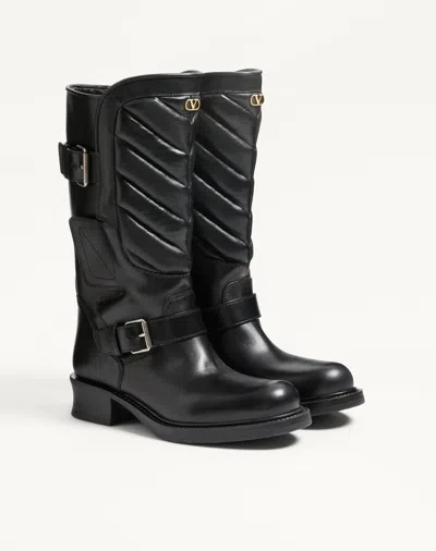 Valentino Garavani Rayons Biker Boot In Calfskin And Nappa Leather With Chevron Pattern 40mm Woman B In Black
