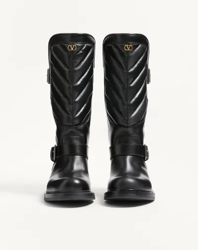 Valentino Garavani Rayons Biker Boot In Calfskin And Nappa Leather With Chevron Pattern 40mm Woman B In Black