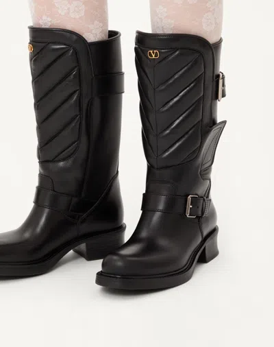 Valentino Garavani Rayons Biker Boot In Calfskin And Nappa Leather With Chevron Pattern 40mm Woman B In Black