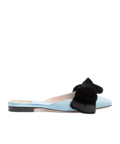 Valentino Reinette Bow-embellished Velvet-trimmed Satin Mules In Blue