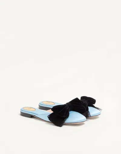Valentino Reinette Bow-embellished Velvet-trimmed Satin Mules In Blue