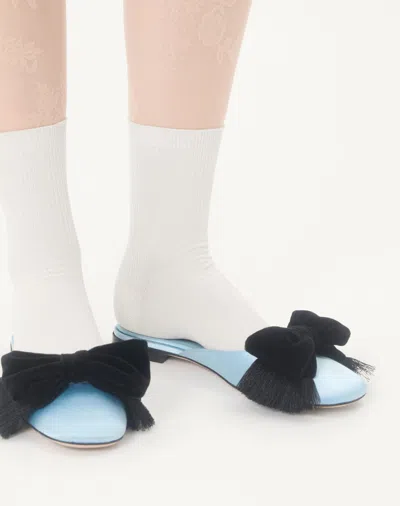 Valentino Reinette Bow-embellished Velvet-trimmed Satin Mules In Blue