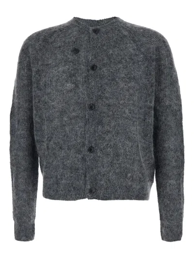 Tonywack Grey Crew Neck Cardigan With Brushed Effect In Mohair And Wool Blend Man In Gray