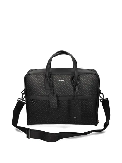 Hugo Boss Monogram Logo-plaque Top-handle Leather Messenger Bag In Black