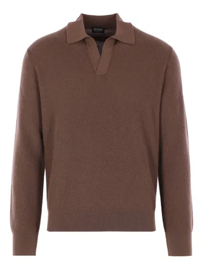 Zegna Cashmere Jacquard Long Sleeve Polo In Brown
