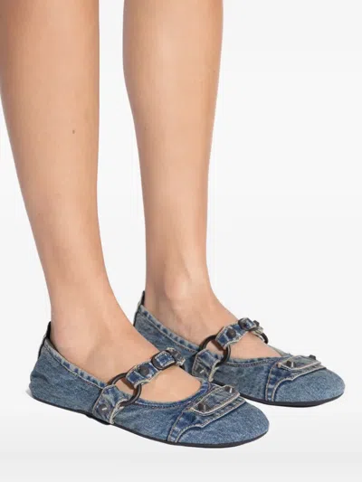Balenciaga Denim Ballerina Shoes Buckle Detail In Blue