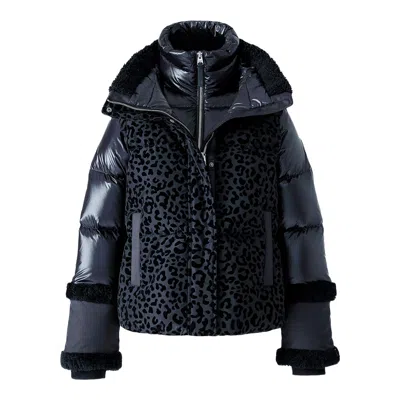 Mackage Lydana Leopard Pattern Down Jacket With Genuine Shearling Trim And Removable Bib In Black
