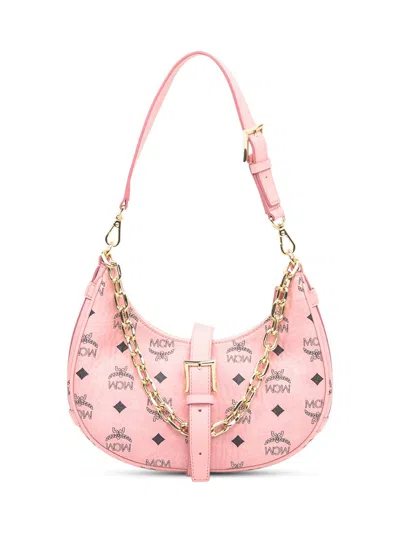 Mcm Small Aren Monogram Crescent Hobo Bag In Pink