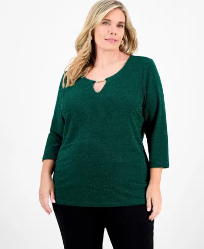 Jm Collection Plus Size Metallic Jacquard 3/4-sleeve Top, Macy's Exclusive In Green