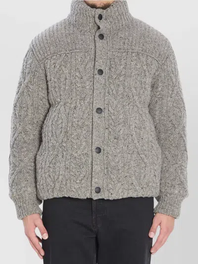 Moncler Cable Knit High Collar Cardigan In Gray