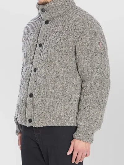 Moncler Cable Knit High Collar Cardigan In Gray