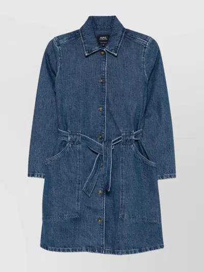 Apc Casual Dress With Belted Waist And Pockets In Blue
