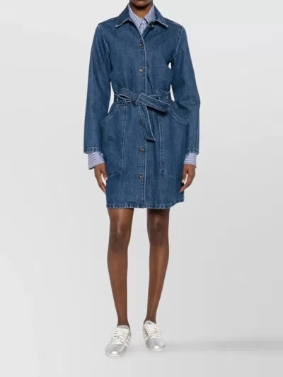 Apc Casual Dress With Belted Waist And Pockets In Blue