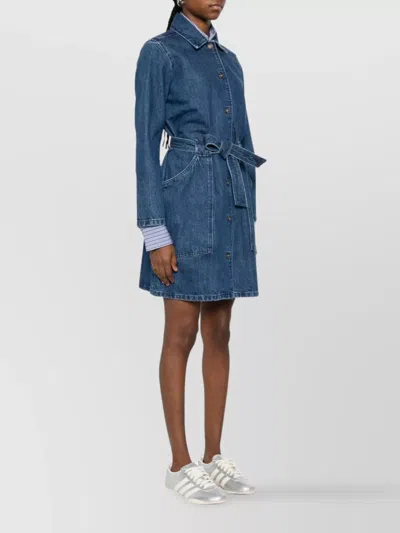 Apc Casual Dress With Belted Waist And Pockets In Blue