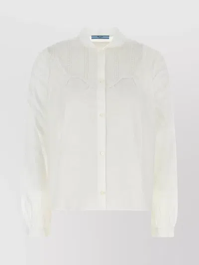 Prada Cotton Shirt With Cuffed Sleeves And Embroidered Detail In Yellow