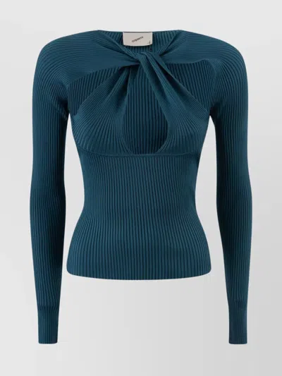 Coperni Fitted Long Sleeve Ribbed Twist Top In Blue