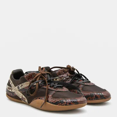 Miu Miu Gymnasium Technical Fabric And Python-print Ayers Leather Sneakers In Brown
