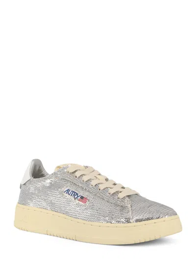 Autry Dallas Low Sparkling Sneakers In Silver And White Sequins Shoes In White