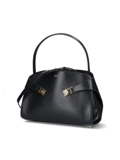 Ferragamo Hug Black Shoulder Bag With Logo Print On The Front In Leather Woman In Multi