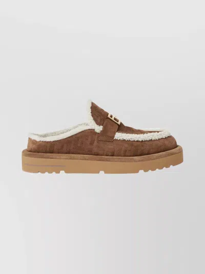 Fendi Women Beige Mules With Logo Lettering On The Rear And Ff Buckle In Suede Woman In Brown