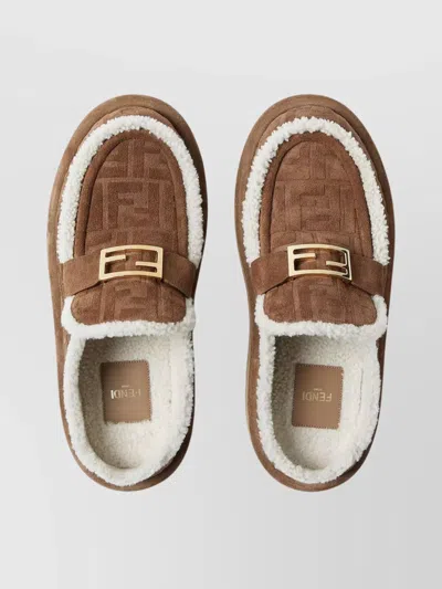 Fendi Women Beige Mules With Logo Lettering On The Rear And Ff Buckle In Suede Woman In Brown