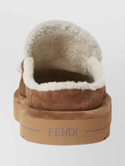 Fendi Women Beige Mules With Logo Lettering On The Rear And Ff Buckle In Suede Woman In Brown