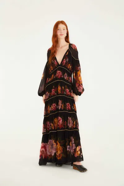 Farm Rio Black Chenille Flowers Long Sleeve Midi Dress In Multi