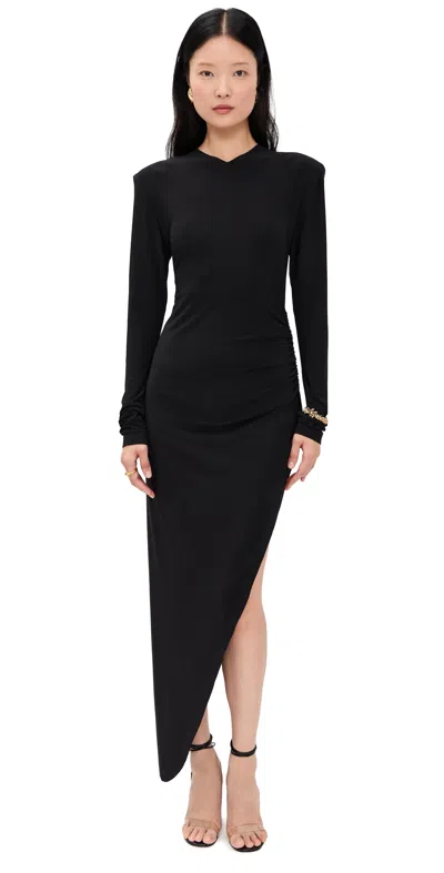 Norma Kamali Long Sleeve Shoulder Pad V Neck Side Drape Gown In Black