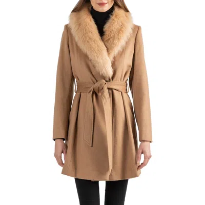 Sofia Cashmere Toscana Genuine Lamb Shearling Collar Wool Blend Coat In Brown