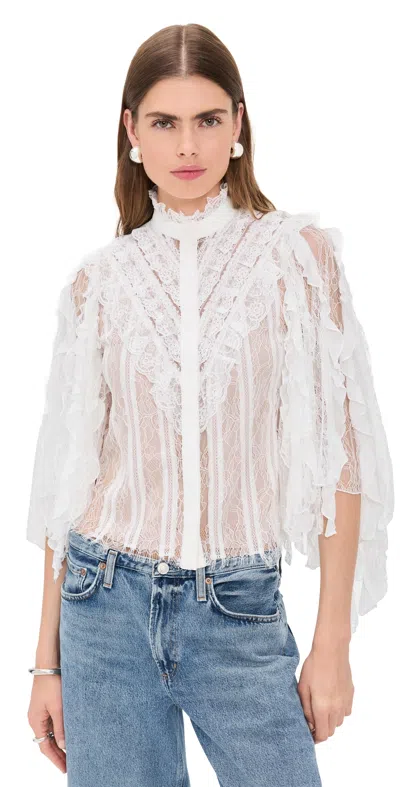 Alice And Olivia Rheba Mock Neck Button Front Lace Ruffle Sleeve Top Off White In White