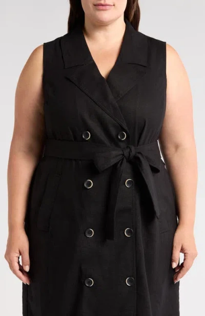 Universal Standard Tie Belt Sleeveless Double Breasted Yarn Dyed Jersey Trench Cocktail Dress In Black
