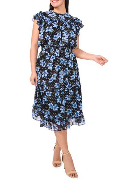 Cece Floral Flutter Sleeve Smock Waist Midi Dress In Blue